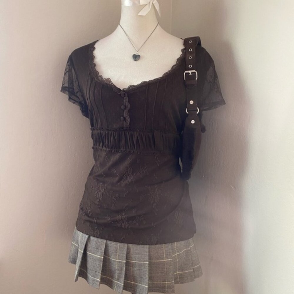 Brown Lace Button-Up Top - Picture 3 of 6